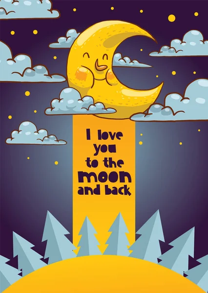 Moon vektor moonlight stjärna seriefigur i natt himlen illustration bakgrund barnslig gul moony molnet set bakgrund månbelysta läggdags banner — Stock vektor