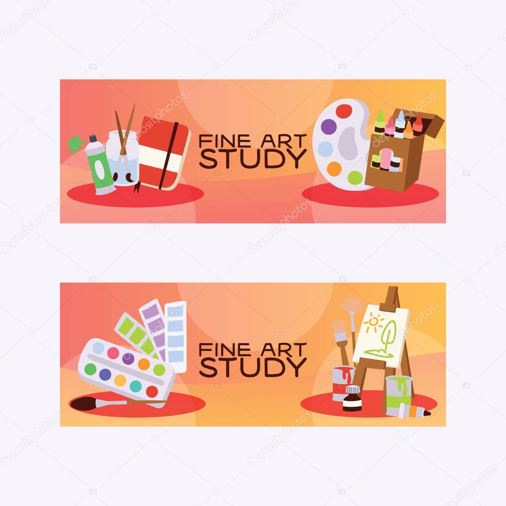 Art studio vector studying in art-school with artist tools watercolor paint brushes palette for color paints artwork backdrop illustration artistic painting set of background