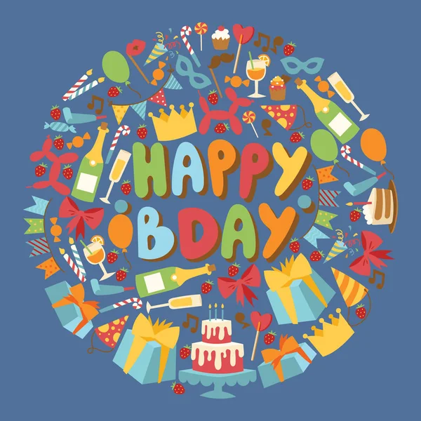 Fiesta de cumpleaños vector aniversario dibujos animados niños feliz cumpleaños pastel o cupcake celebración con regalos y sombrero de cumpleaños champán fondo ilustración — Vector de stock
