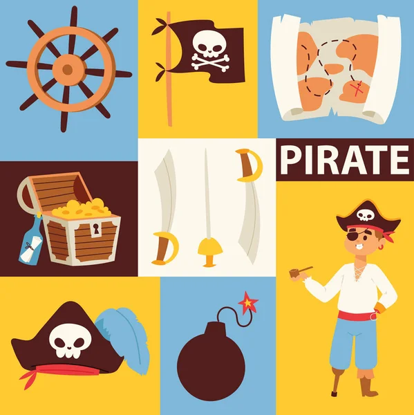 Pirata vector piratería pecho y bandera cráneo telón de fondo pirata personaje bucanero hombre ilustración fondo conjunto de signos de piratería fondo de pantalla aventura en la isla — Vector de stock