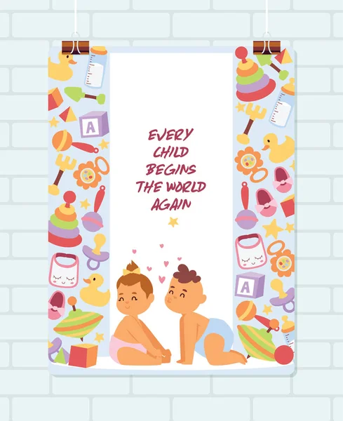 Baby shower vector cartoon kids newborn character boy girl playing with toys in playroom baby-shower banner backdrop children in love illustration on white background — Stock Vector