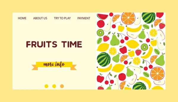 Wektor wzór owoców lądowania owocowy tło strony i owocne egzotyczne strony internetowej Tapety z świeże plastry arbuza pomarańczowy jabłek i owoców tropikalnych witryny sieci web ilustracja tło — Wektor stockowy