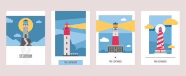 Lighthouse vector beacon lighter beaming path of lighting from seaside coast illustration set of lighthouses isolated on background clipart
