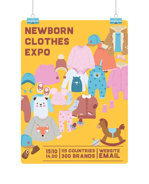 Baby shop vektor nakupování prodej kreslené děti oblečení novorozence oděv dítě oblečení body oblečení hat pro děti reklamní banner pozadí obrázku pozadí — Stockový vektor