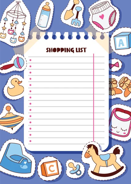Μωρό ψώνια λίστα διάνυσμα καρτούν παιδικά αυτοκόλλητα παιχνιδιών και νεογέννητα ρούχα ένδυσης σε πανό κατάστημα Ορίστε παιδιά σκηνικό υπόβαθρο εικόνα εικόνα λίστα για ψώνια — Διανυσματικό Αρχείο