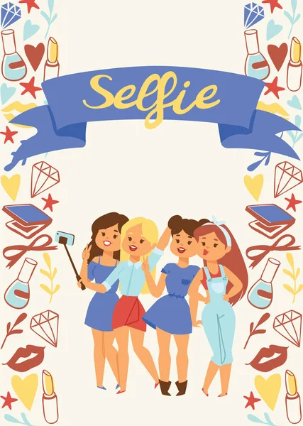 Selfie menina vetor bela mulher personagem fotografar-se no smartphone câmera ilustração pano de fundo da moda fêmea menina pessoa segurando telefone celular para foto fundo — Vetor de Stock