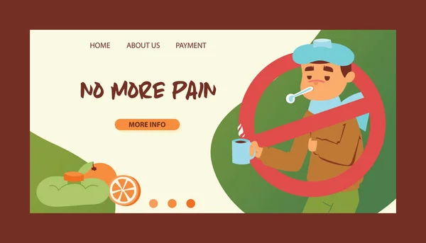 Vetor de gripe personagem homem doente com febre e doença e espirros nariz pouso página web design ilustração pano de fundo de pessoas doentes e sinais de tratamento médico com medicamentos fundo — Vetor de Stock