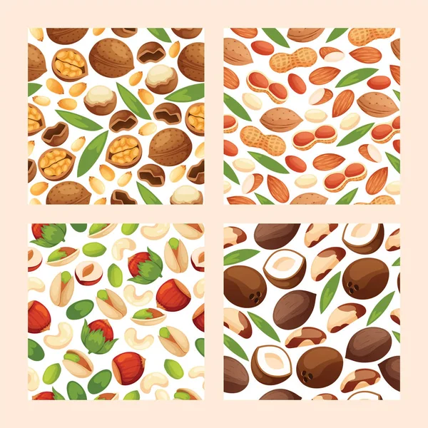 Nut vector seamless pattern nutshell of hazelnut or walnut and almond nuts backdrop set nutrition with cashew peanut and chestnuts nutmeg illustration background — Stock Vector