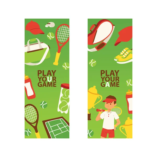 Tennis vector naadloze patroon speler man karakter spelen tennisbal sportkleding op Hof achtergrond competitie tekenen tennisracket Tennisbaan afbeelding instellen achtergrond banner — Stockvector