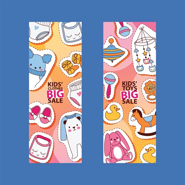 Baby stickers vector cartoon kids toys and clothing newborn garment child clothes bodysuit apparel for children shop advertising banner set backdrop illustration background — Stock Vector