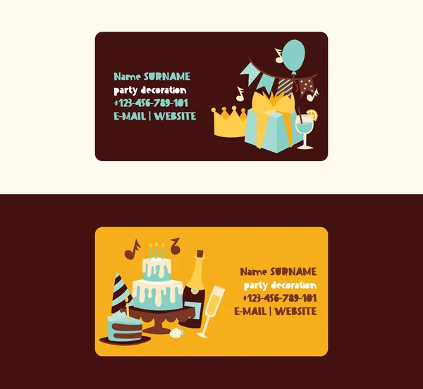 День рождения вектор юбилей визитная карточка дизайн мультфильм детей счастливого рождения торт или кекс празднование с подарками и воздушными шарами день рождения бизнес-карты фон иллюстрации — стоковый вектор