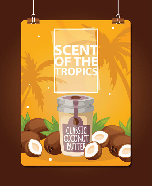 Coconut vector tropical organic food nutrition exotic drink in glass jar on beach backdrop nuts butter illustration background coco-palm on banner
