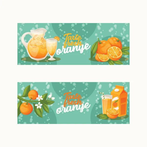 Citrus vector fresh orange fruit backdrop tropical juicy drinks in jar and organic food badge illustration set background fruity banner with orange-tree leaves — Stock Vector