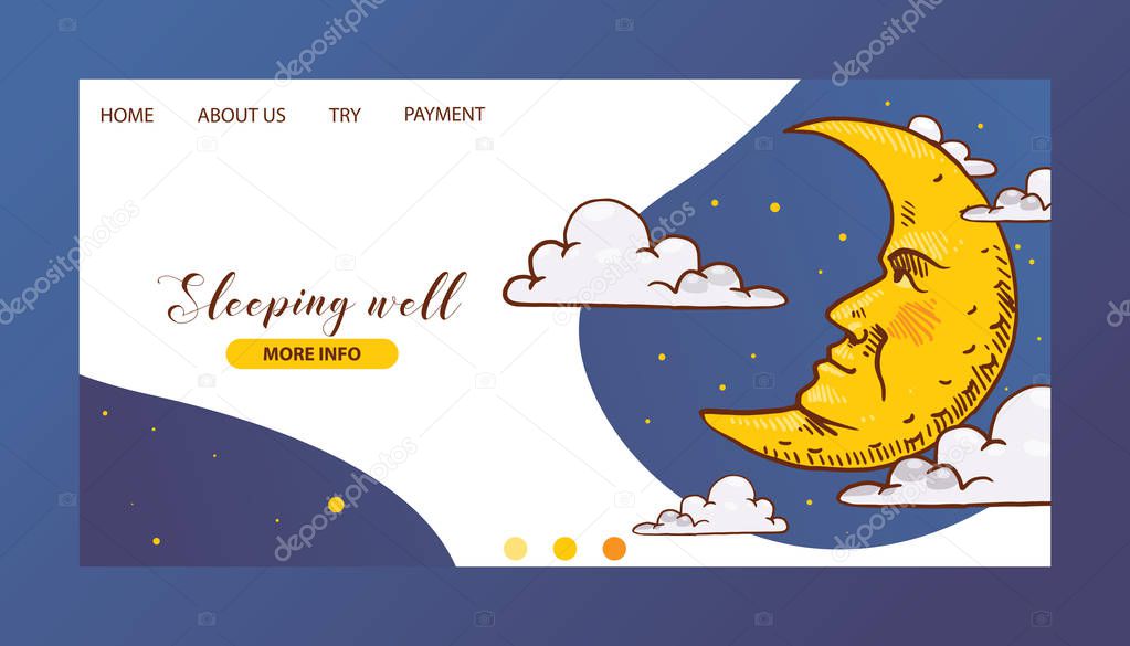 Cartoon moon vector landing page moonlight star character in night sky illustration web-page background childish yellow moony cloud set web-site backdrop moonlit bedtime banner.