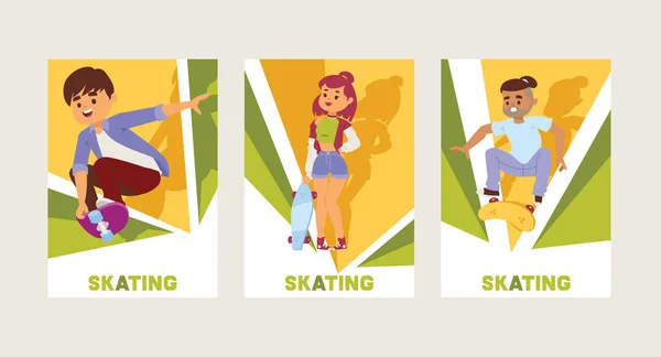 滑板滑板运动员向量滑板男孩或女孩角色背景青少年滑冰运动员跳上板上滑板例证一套人滑冰背景 — 图库矢量图片