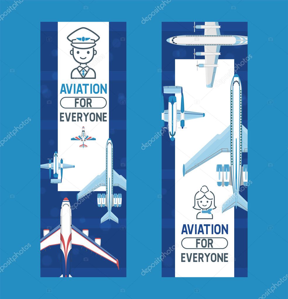 Plane vector aircraft airplane jet flight transportation flying to airport illustration aviation backdrop set of aeroplane airliner and airfreighter cargo banner background
