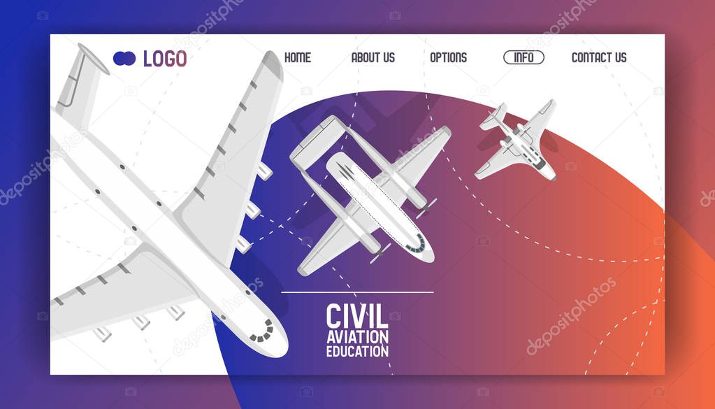 Plane vector web-page traveling on aircraft airplane jet flight transportation flying to airport illustration aviation backdrop of aeroplane airliner and airfreighter cargo web landing page background