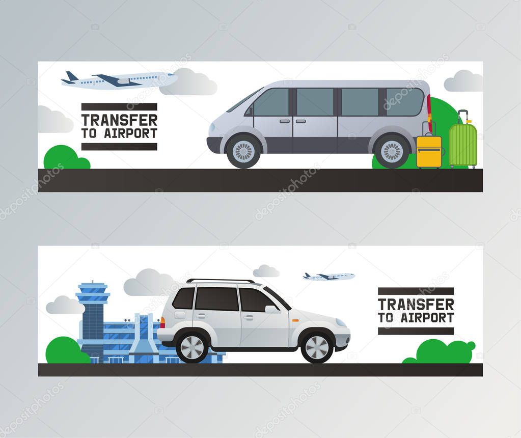 Airport transfer vector traveling by plane in airport departure terminal transportation by taxi car illustration backdrop set of passengers transport bus van background