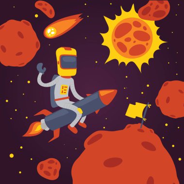 Astronot vektör kozmonot çizgi film uzay adamı karakteri uzay gemisi resimde arka plan üzerinde Uzay Evren zemin evren gökada macera adam gezegenler arasında roket üzerinde uçan kask içinde