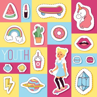 Çizgi film vektör seamless modeli kız gibi aksesuarlar ruj dondurma çocuklar tek boynuzlu at gökkuşağı ve doghnut etiket zemin illüstrasyon kız karakter kümesi renkli küçük kız gençlik arka plan