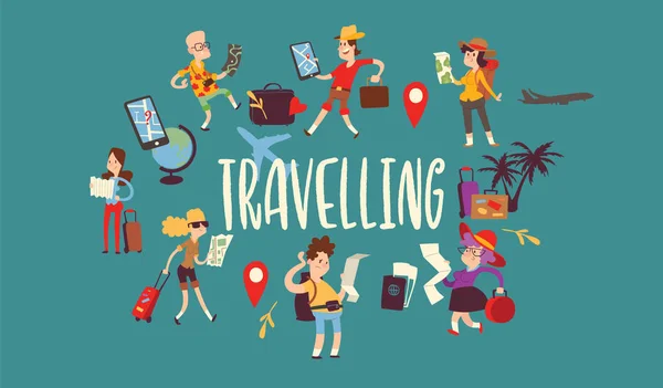 Touristenvektor Reisen Menschen Reisende Mann Frau Charakter Sightseeing Illustration Hintergrund Tourismus Urlaub und Reise Urlaub Lebensstil Hintergrund — Stockvektor