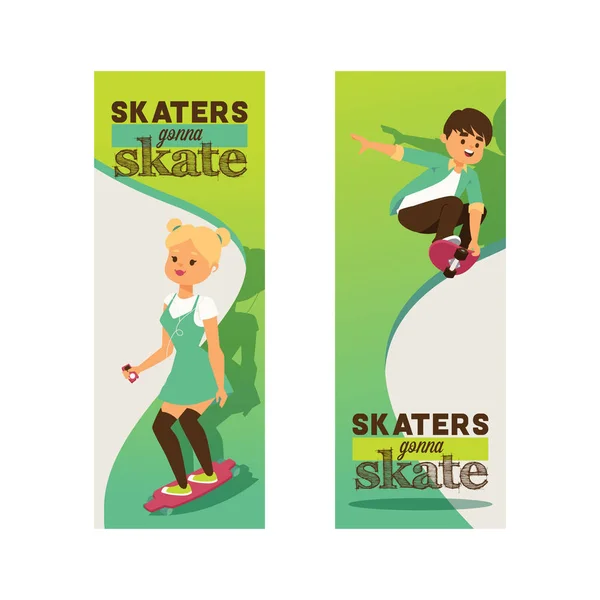 Skateboarders sur skateboard vecteur skateboard garçon ou fille personnages toile de fond adolescent patineurs sautant à bord dans skatepark illustration ensemble de personnes patinage arrière-plan — Image vectorielle