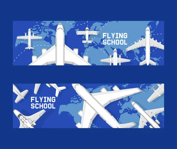 Flugzeug Vektorflugzeug Flugzeug Jet-Flug-Transport, der zum Flughafen fliegt Illustration Luftfahrt-Hintergrund-Set von Flugzeug Linienflugzeug und Frachtflugzeug reisen Banner Hintergrund — Stockvektor