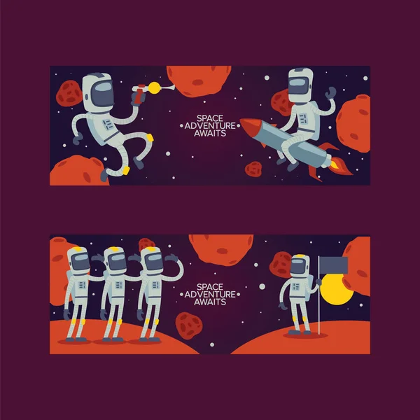 Astronaut vector kosmonaut spaceman stripfiguur in ruimte kosmos achtergrond universum galaxy avontuur man op helm op raket onder planeten ruimteschip afbeelding achtergrond instellen — Stockvector