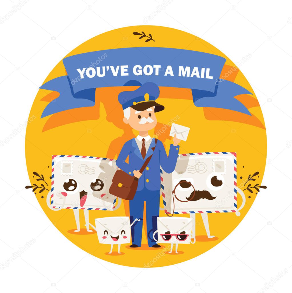 Postman vector mailman delivers mails in postbox or mailbox and post people character carries mailed letters in letterbox illustration backdrop postal delivery service background