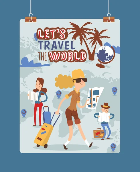 Vecteur touristique voyager gens voyageur homme femme caractère visites illustration toile de fond tourisme vacances et voyage vacances style de vie arrière-plan — Image vectorielle