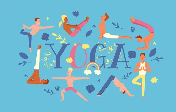 Yoga vector personas yogui carácter entrenamiento flexible ejercicio pose en yoga-clases ilustración telón de fondo saludable hombre estilo de vida entrenamiento con meditación equilibrio relajación fondo — Archivo Imágenes Vectoriales