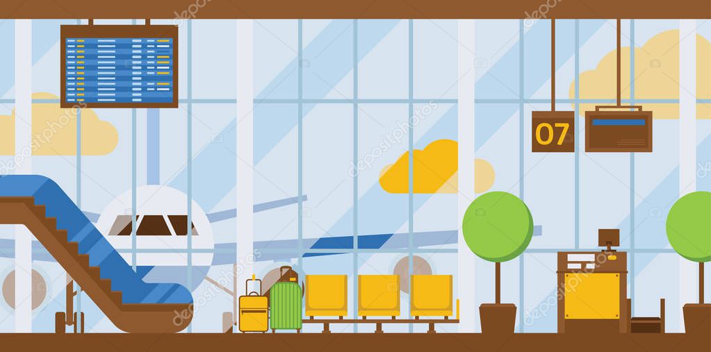 Airport vector departure arrival terminal airports building escalator seat in illustration backdrop traveling by airplane transport plane flight background