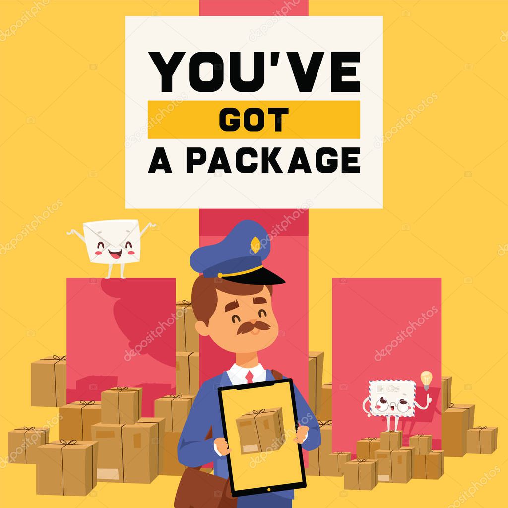 Postman vector mailman delivers mails in postbox or mailbox and post people character carries mailed letters in letterbox illustration backdrop postal delivery service background