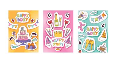 Doğum günü partisi desen vektör yıldönümü karikatür hediye ile mutlu Doğum pasta ya da kek kutlama çocuklar ve Doğum günü mumları bayrakları etiket zemin resimde arka plan belirleme