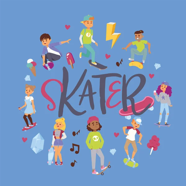 スケート ボード ベクトル web ランディング ・ ページ スケート ボードの少年少女の文字背景ティーンエイ ジャー スケート選手 web ページの背景をスケート スケートパーク図人でボード上でジャンプのスケートボーダー — ストックベクタ