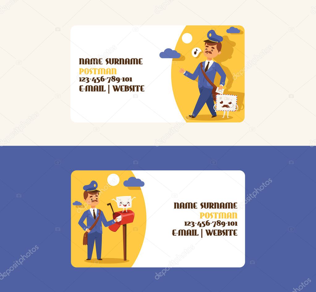 Postman vector business card mailman delivers mails in postbox or mailbox and post people character backdrop illustration set postal delivery service business-card background