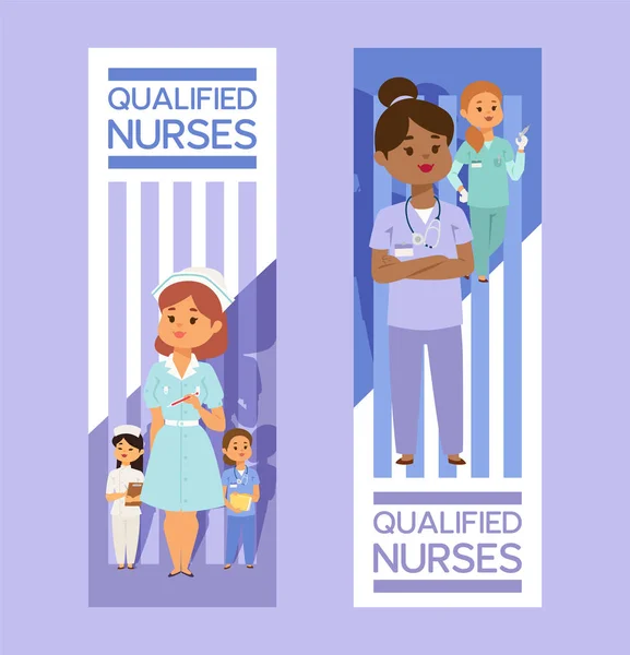 Vector forskarnivå kvinna karaktär professionell medicinsk arbetare sjuksköterska flicka läkare i kliniken illustration bakgrund sjukhus medicable annons banner bakgrund — Stock vektor