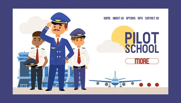 Школа пілота Векторна веб-сторінка льотного екіпажу навчання та персонажів пілотування літака літака літака, що летить до аеропорту ілюстрація фону авіаційного транспорту веб-сайт — стоковий вектор
