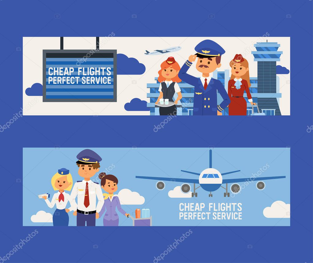 Pilot vector flight crew stewardess and people traveling on aircraft plane airplane flying to airport illustration aviation transportation backdrop of aeroplane airliner banner design background