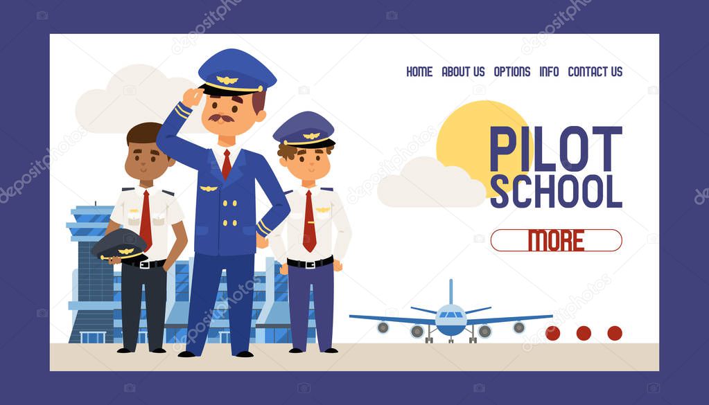 Pilot school vector web page flight crew study and people character piloting aircraft plane airplane flying to airport illustration backdrop aviation transportation web-site background