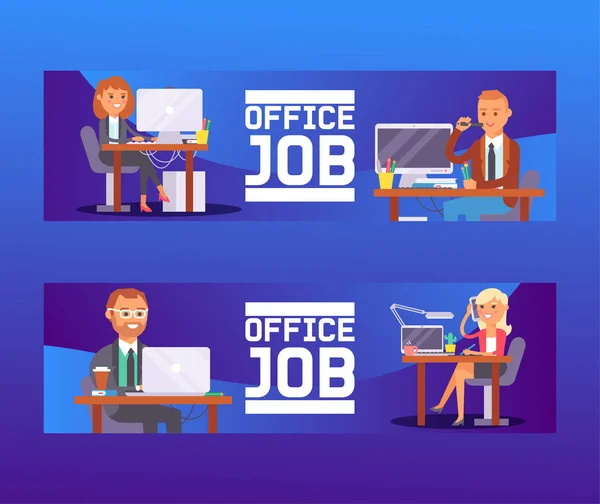 Emberek munka helyén vektor üzleti munkás vagy dolgozó személy laptop számítógép az asztalnál hivatalban hátteret munkatárs karakter munkahely illusztráció háttér — Stock Vector