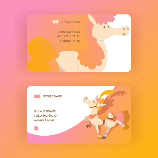 Kids horse vector business-card cartoon pony horsed character with horn illustration horsy backdrop set of fantasy child ponytailed animal horse-breeding business card background