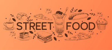 Cafe menü vektör tatlı tatlılar kek ve restoran illüstrasyon sanat arka plan pasta kurabiye ve pizza afiş