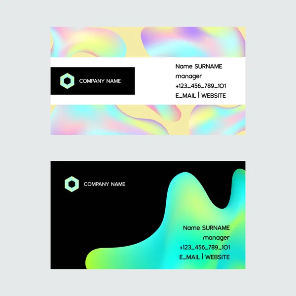 Holographic vector hologram business card foil texture and irregularities illustration backdrop set in blue pink green colors with scratches abstract business-card background — Stock Vector