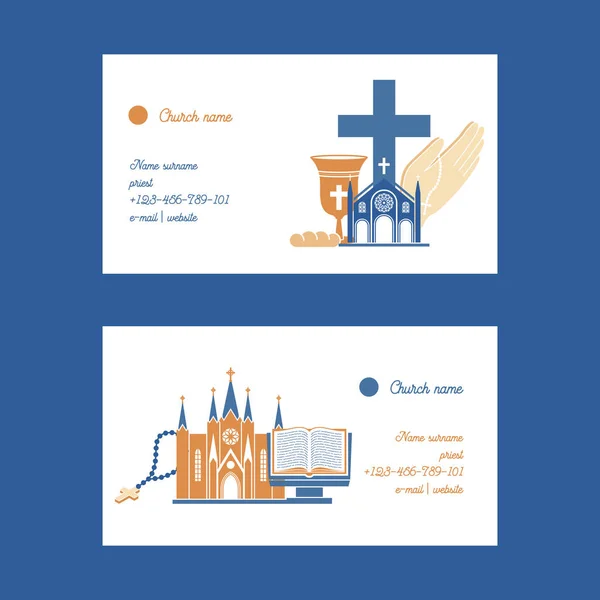 Religion vector catholic church or cathedral and religious sings of christianity illustration backdrop set of christian cross bible with sign business card background