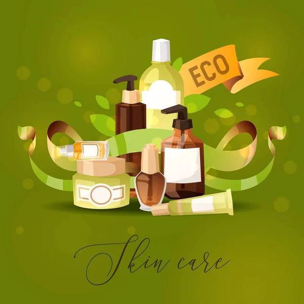 Eco kosmetische Produkt Vektor Hautpflege Bio Creme Flasche Vorlage und Rohr Container Attrappe für ökologische Kosmetologie Illustration Hintergrund der Markenlotion Paket Hintergrund — Stockvektor