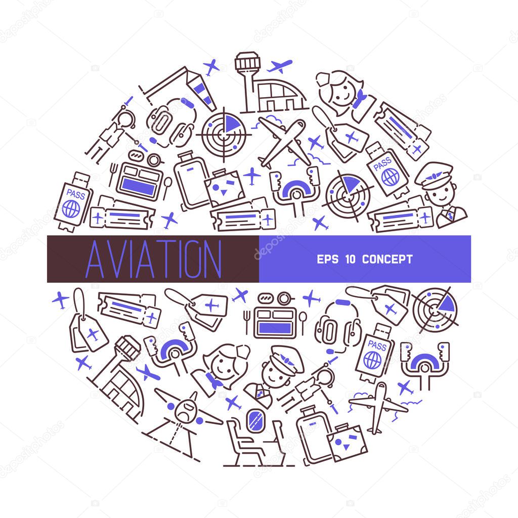 Aviation vector flight crew air-hostess pilot people traveling on aircraft plane airplane flying to airport illustration avia transportation backdrop of aeroplane airliner banner design background