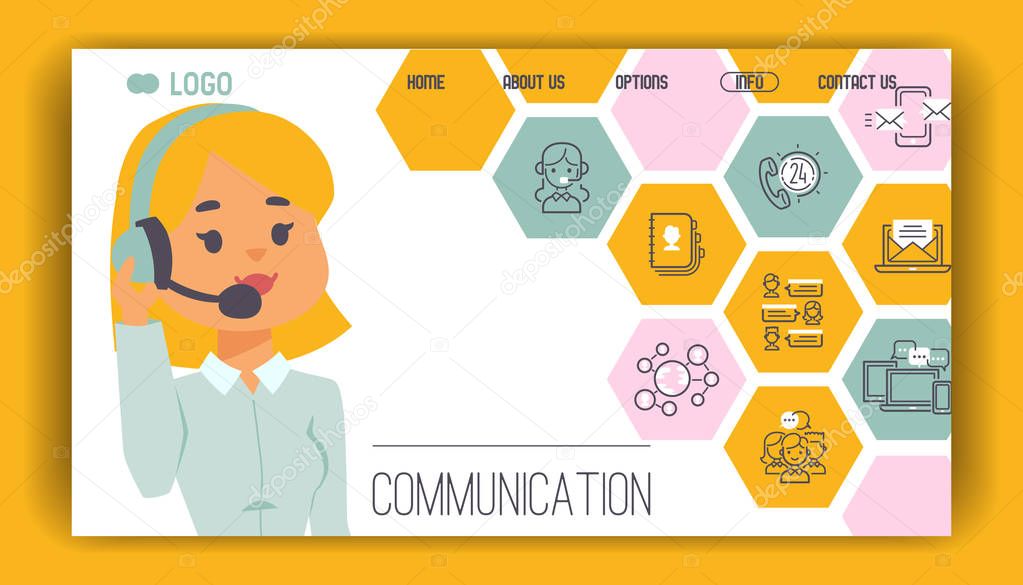 Call center pattern vector web page people operator in headset man woman character working in call-office to support customers illustration backdrop of business outline icons mail phone background