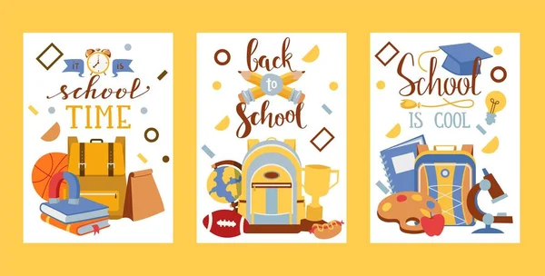 Шкільна векторна освіта шкільне приладдя для шкільних дітей рюкзак сумка освітній канцтовари для навчання в класі ілюстрація набір фону — стоковий вектор