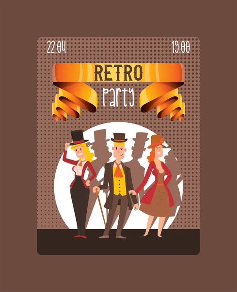 Victorian People Vector gentleman i hatt och kvinna karaktär i vintage mode klänning på retro part illustration bakgrund av herrar Lady i eleganta gamla kläder bakgrund — Stock vektor